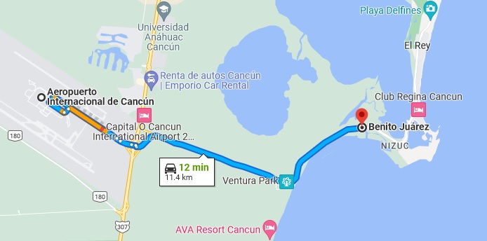 distance from Cancun Airport to the hotel zone