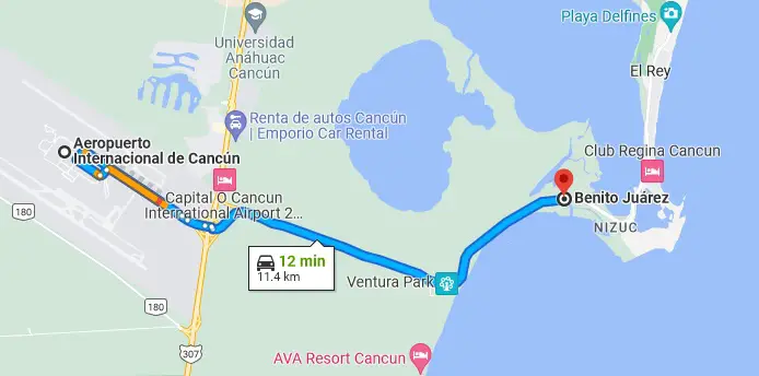 11.5 km de dsitancia del aeropuerto de cancun a la zona hotelera